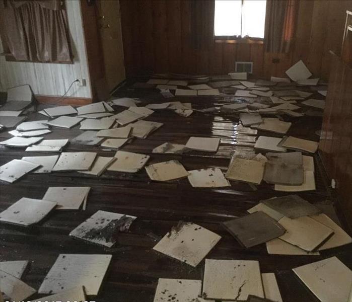 White square ceiling tiles all over a dark brown floor