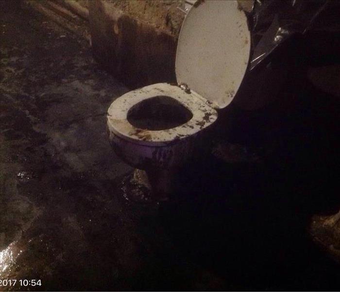 Toilet with dirty water all over it and the floor around it in a dark basement